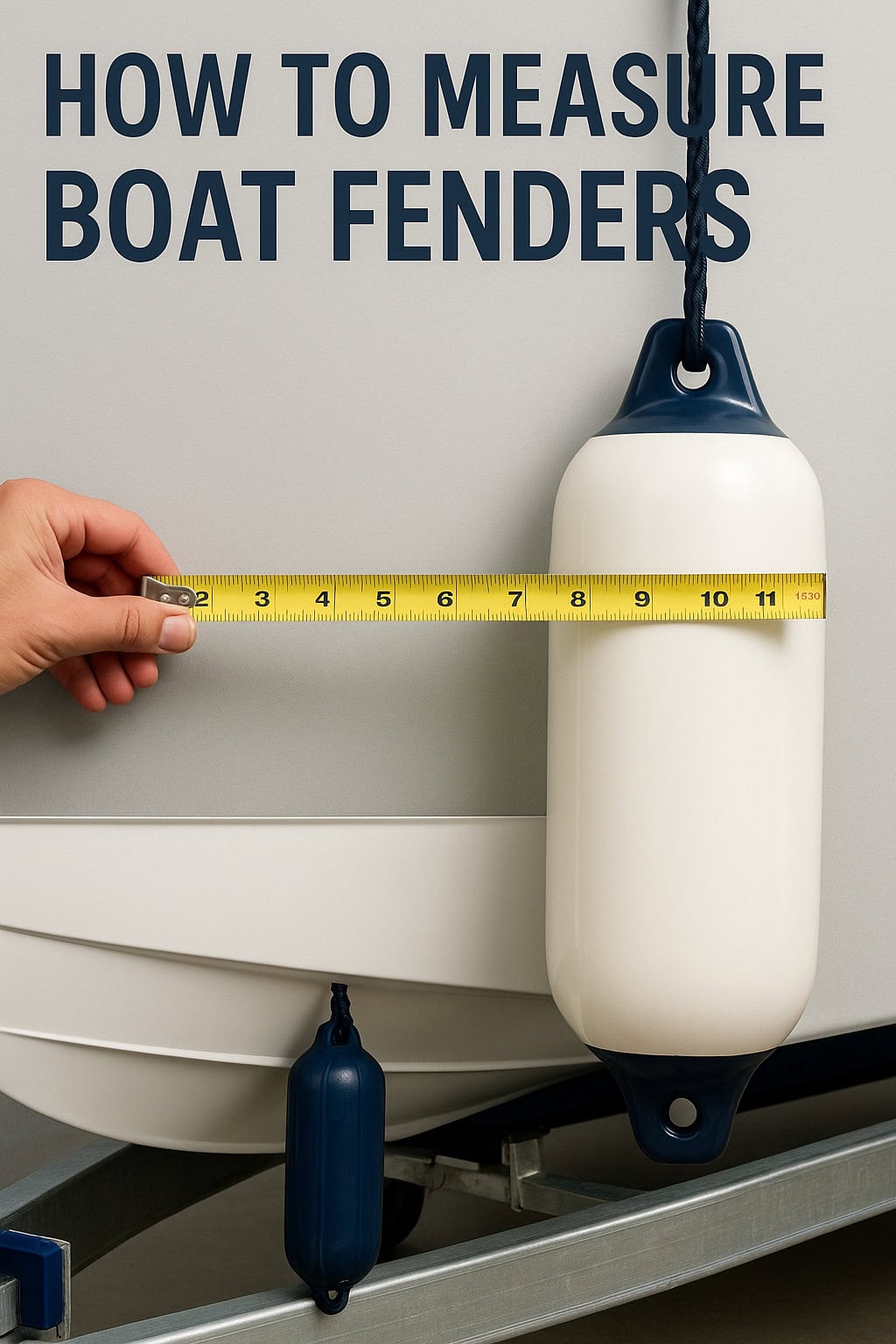 Measuring a cylindrical boat fender with a tape measure to determine correct size and fit for hull protection.