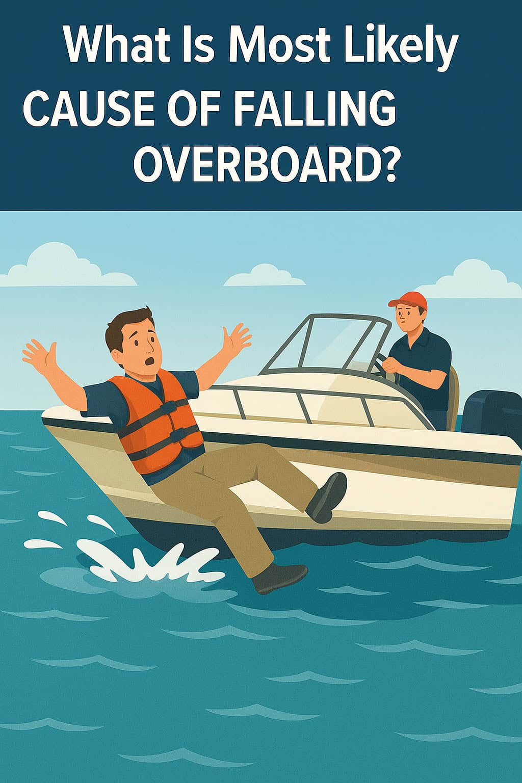 Man in life jacket falling overboard from a small motorboat while another person steers.