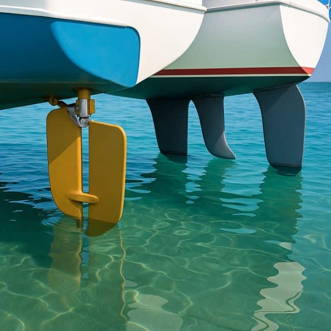 Different types of boat rudders submerged in turquoise water, with clear view of their shapes and mounting.