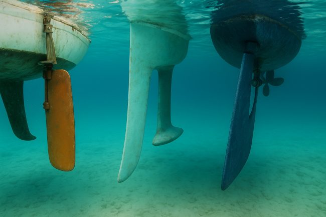 Three types of boat rudders—transom-hung, spade, and balanced—viewed underwater attached to boat sterns.