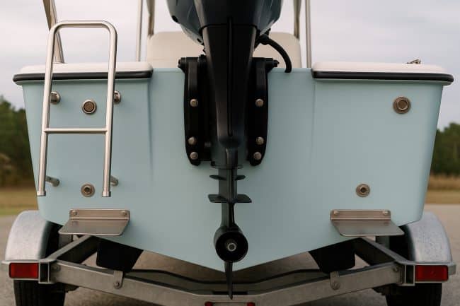 Close-up view of a boat transom with mounted outboard motor, stainless swim ladder, and trailer support.