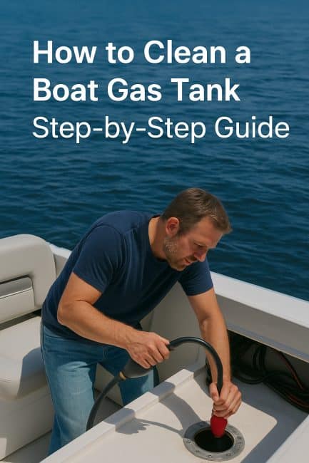 Man cleaning a boat gas tank with a fuel pump on the deck, step-by-step maintenance.