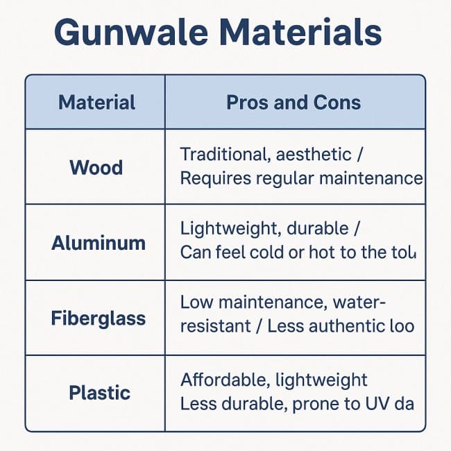 Infographic comparing gunwale materials: wood, aluminum, fiberglass, plastic