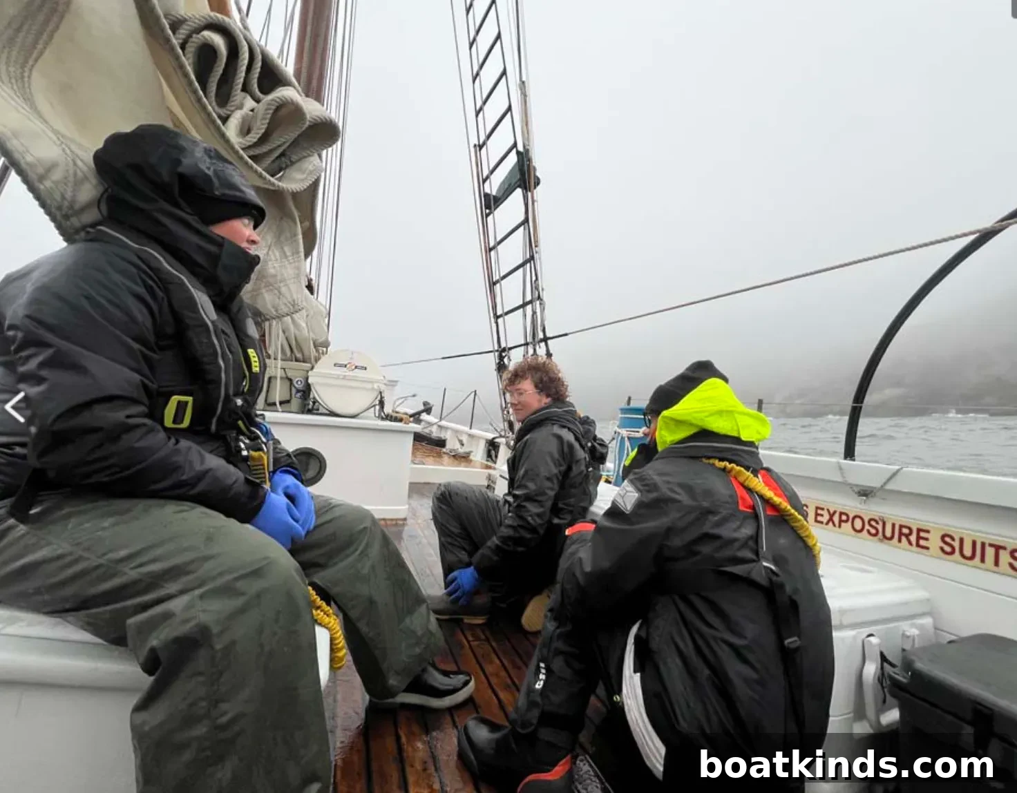 Students aboard the schooner Bowdoin participating in deck operations