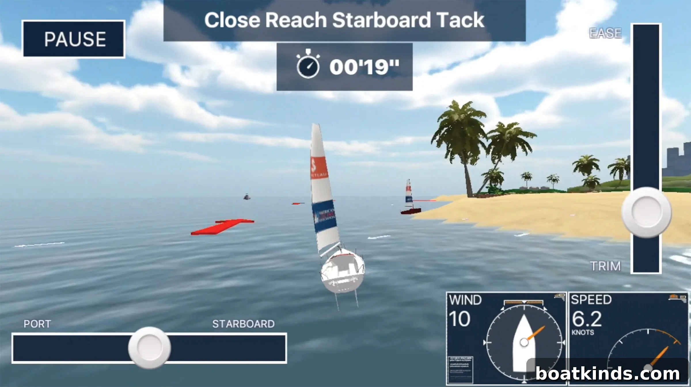Screenshot of the ASA Sailing Challenge app showing a virtual keelboat cockpit