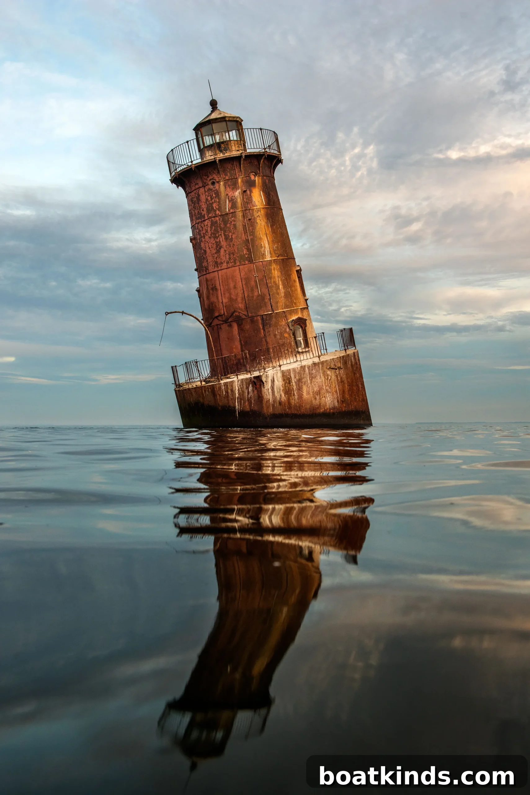 Sharps Island Lighthouse leaning in shallow Chesapeake Bay water