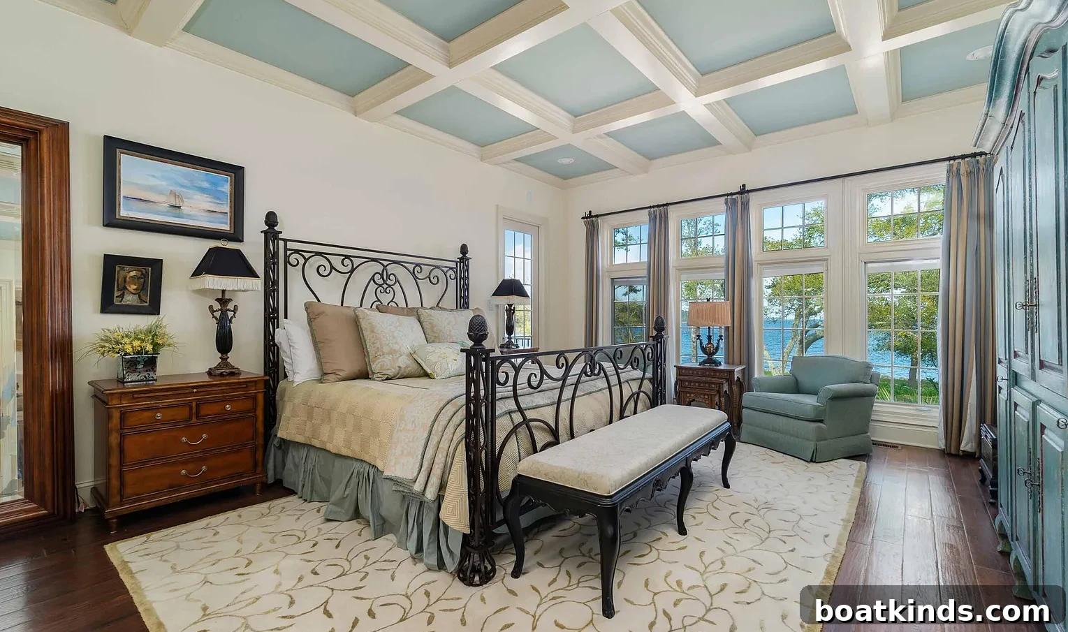 Owner's suite terrace and coffered ceiling interior