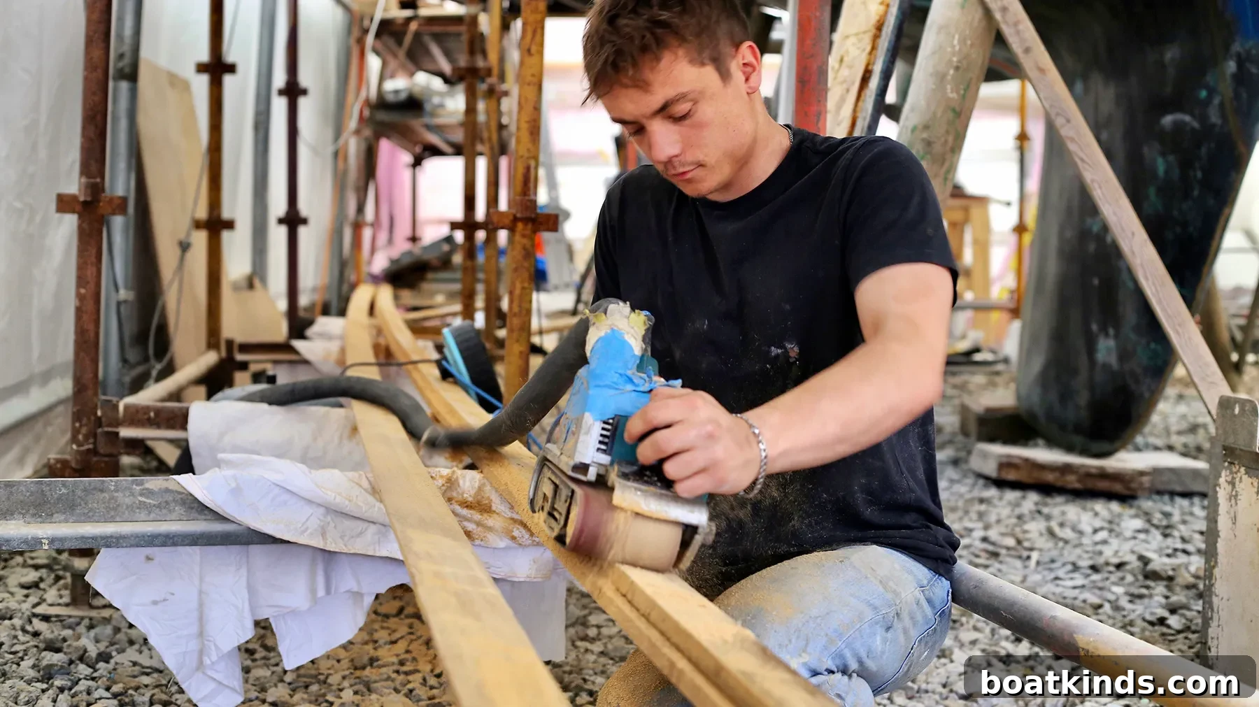 Young sailor restoring a wooden sloop