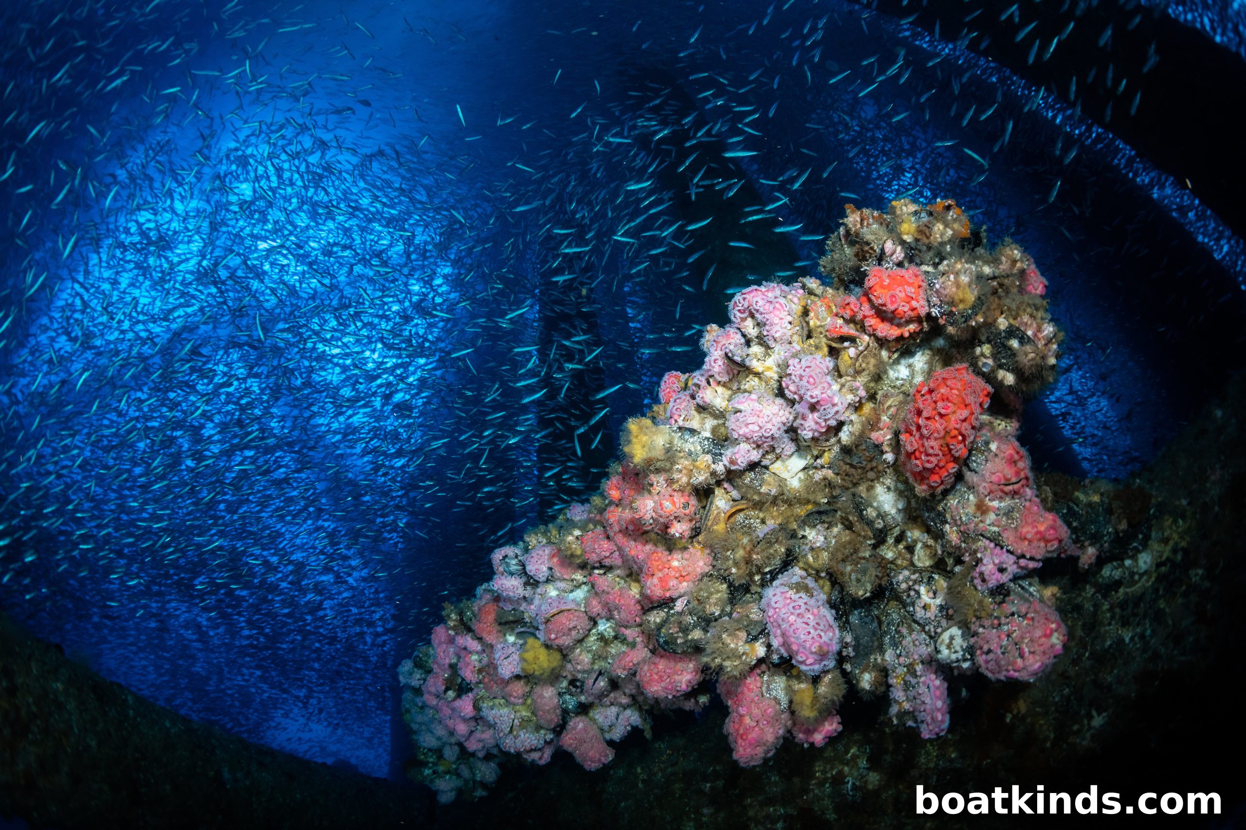 Fish and anemones on an abandoned oil rig