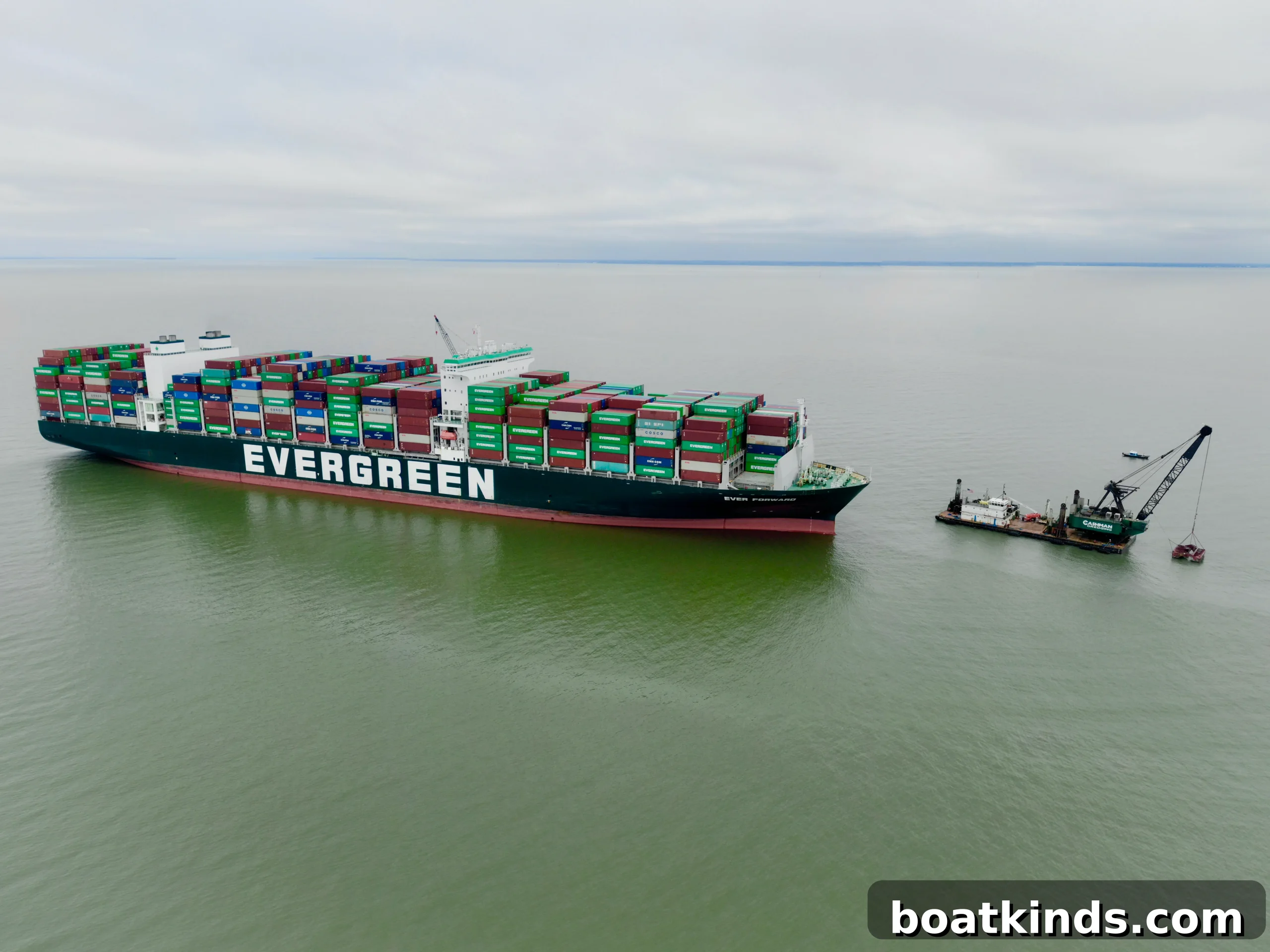 Container Ship Remains Stuck in Mud 2 Ever Forward grounded in Chesapeake Bay