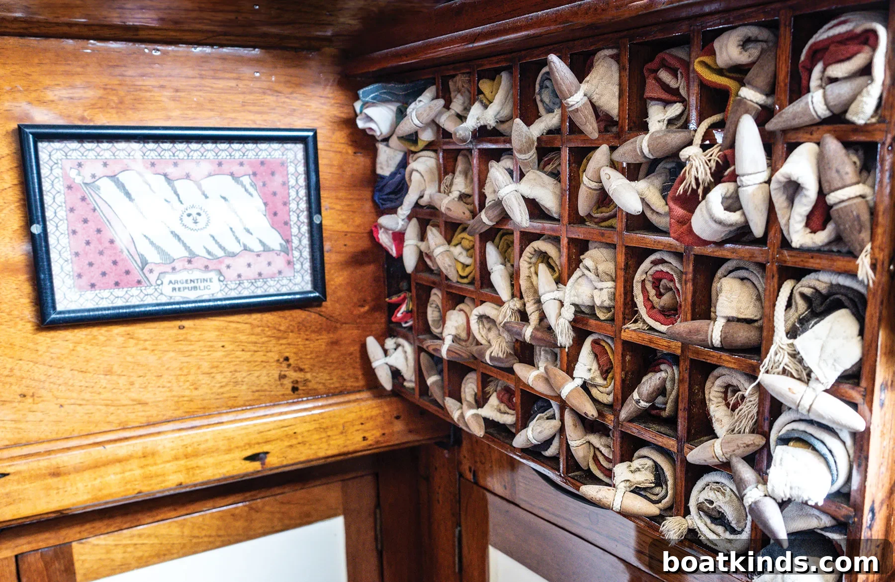 Cozy interior of Vito Dumas showing varnished cedar
