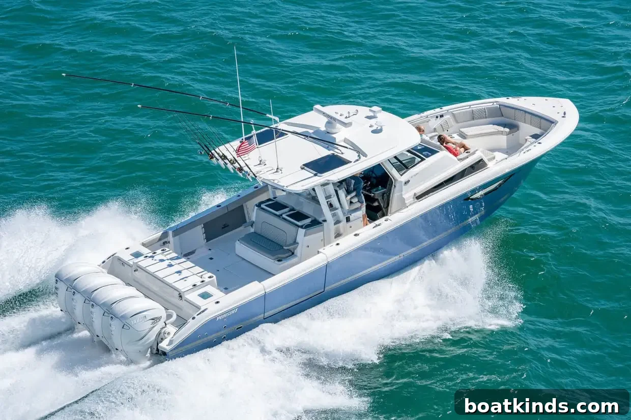 Pursuit S 428 center-console at a boat show