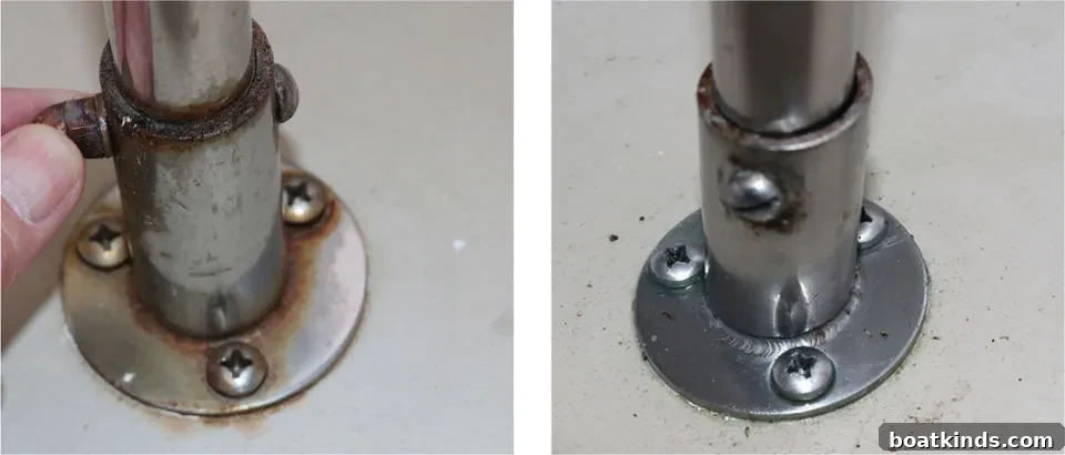Close-up of stanchion base after rust treatment