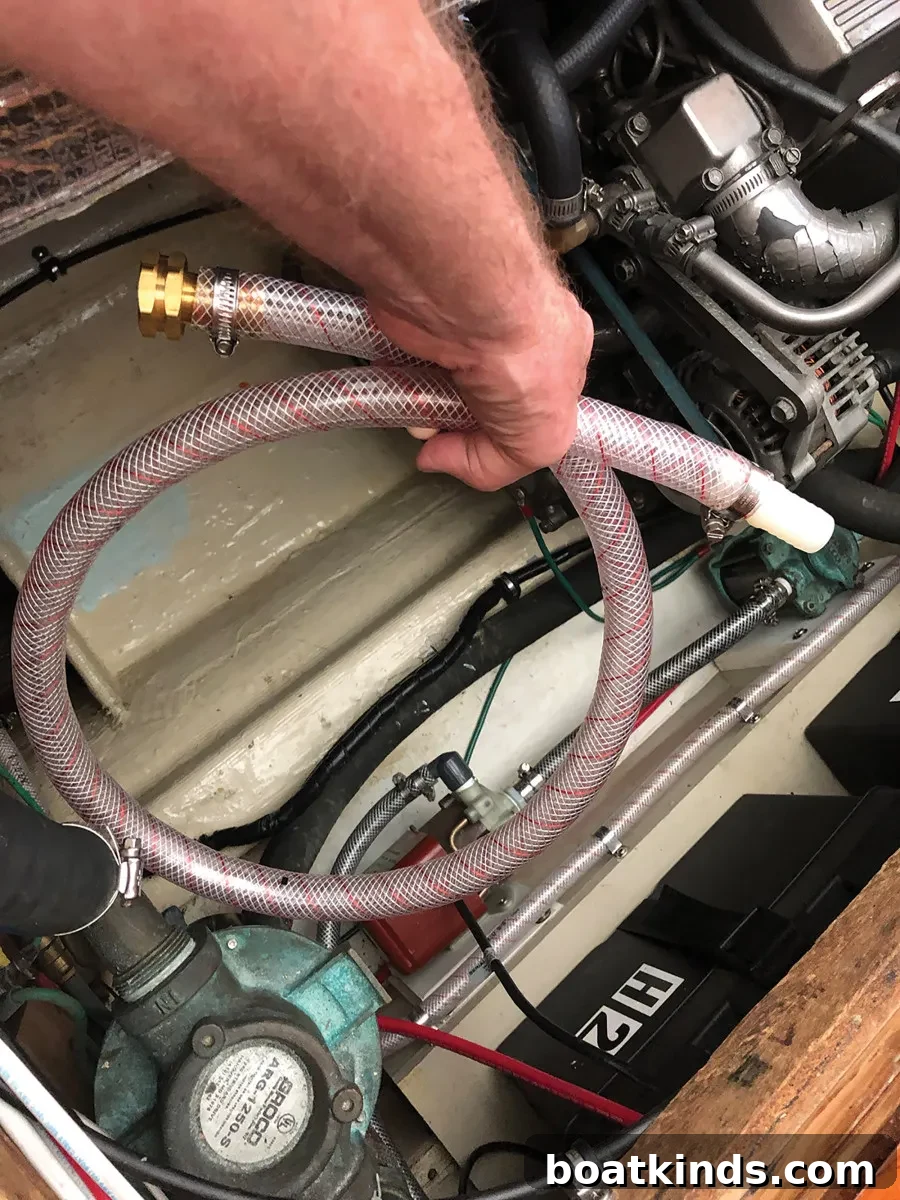 Homemade hose tool for backflushing marine air-con
