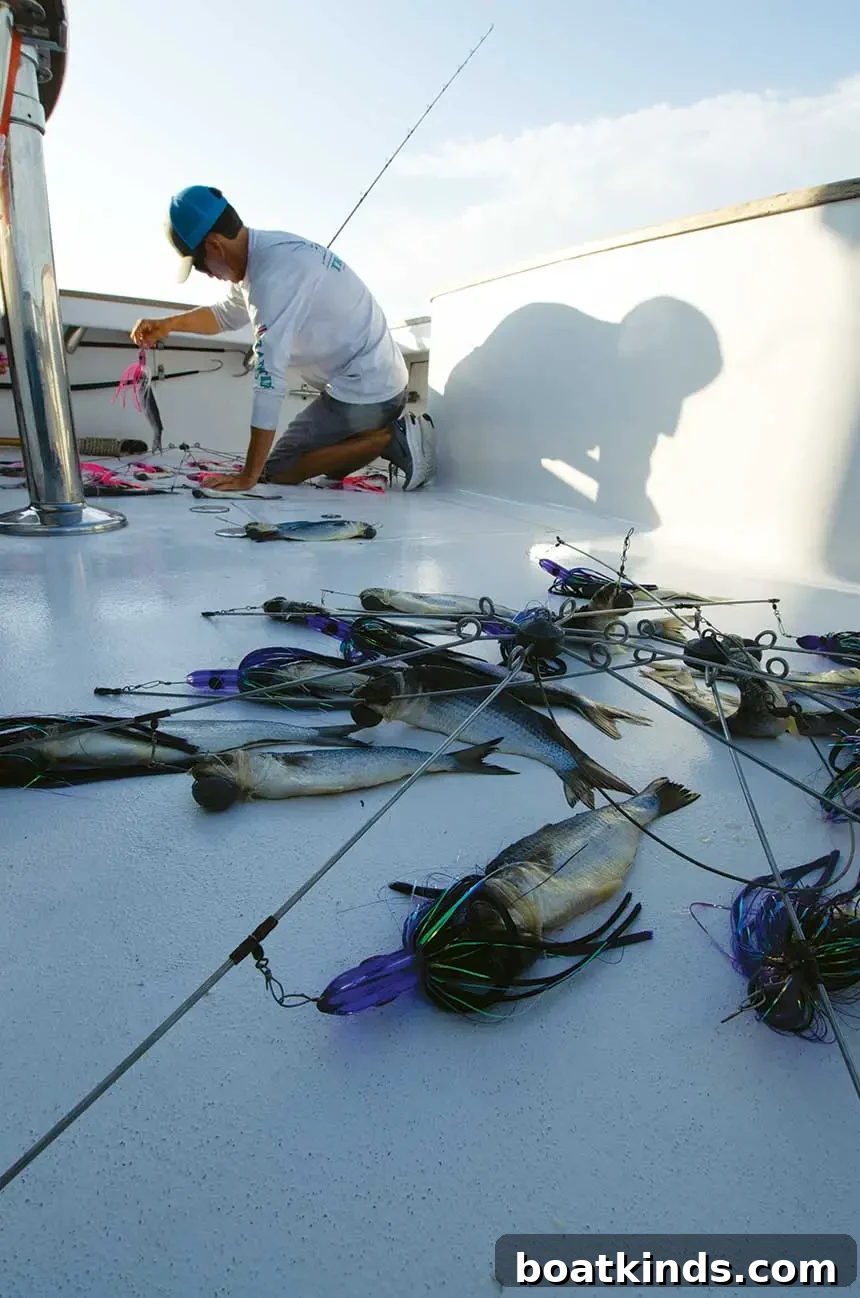 Crew preparing dredges and teasers for marlin fishing