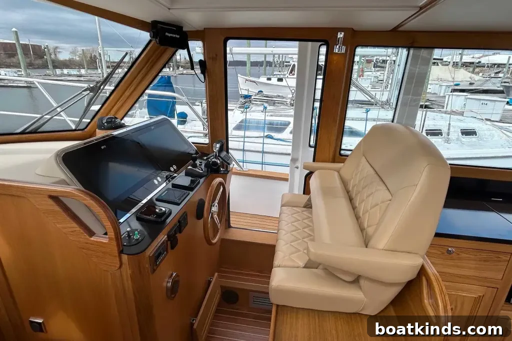 An interior view of the seating of a boat, sideview.