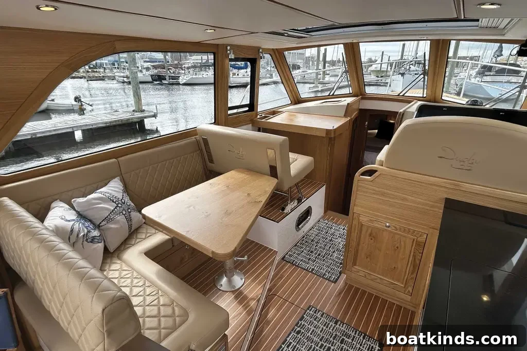 The front interior of a boat with seating