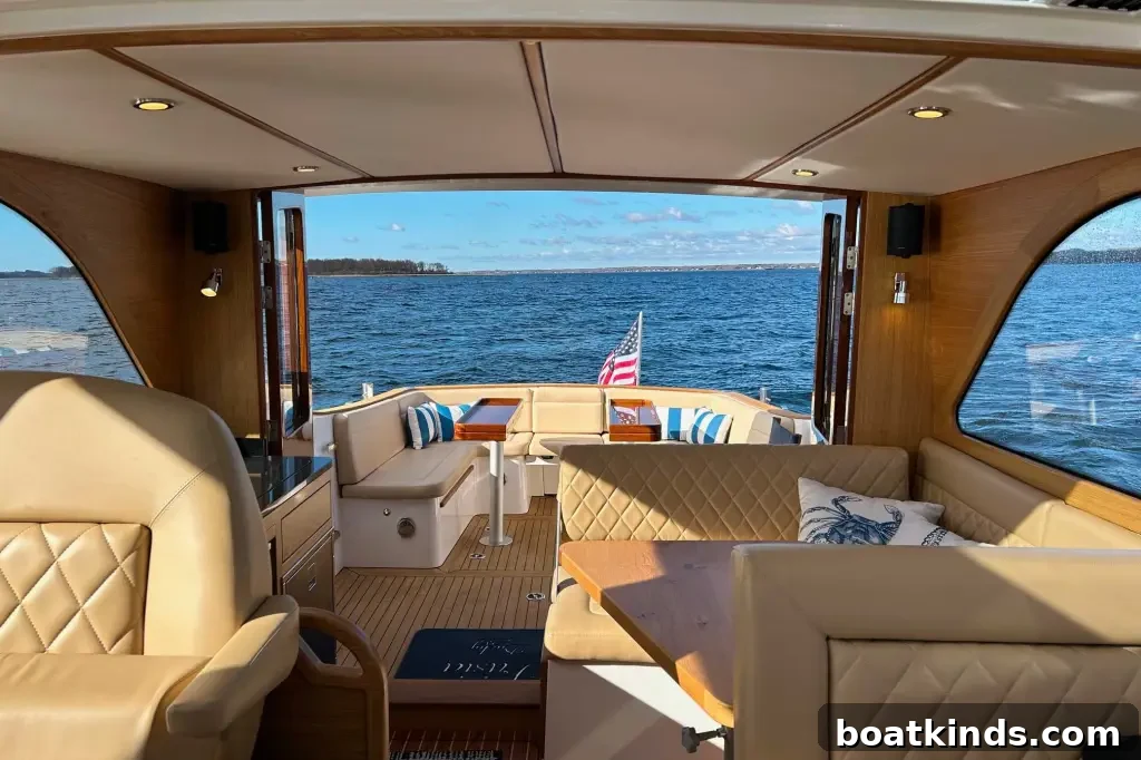 The rear view of the interior of a boat looking out at the stern