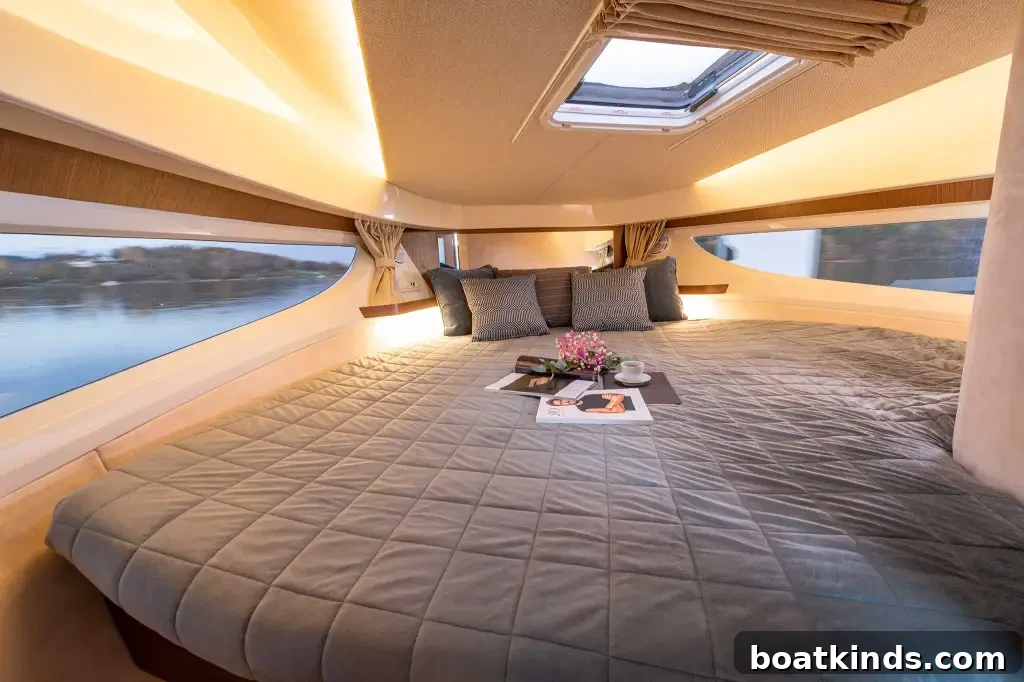 A large bed on a boat surrounded by windows