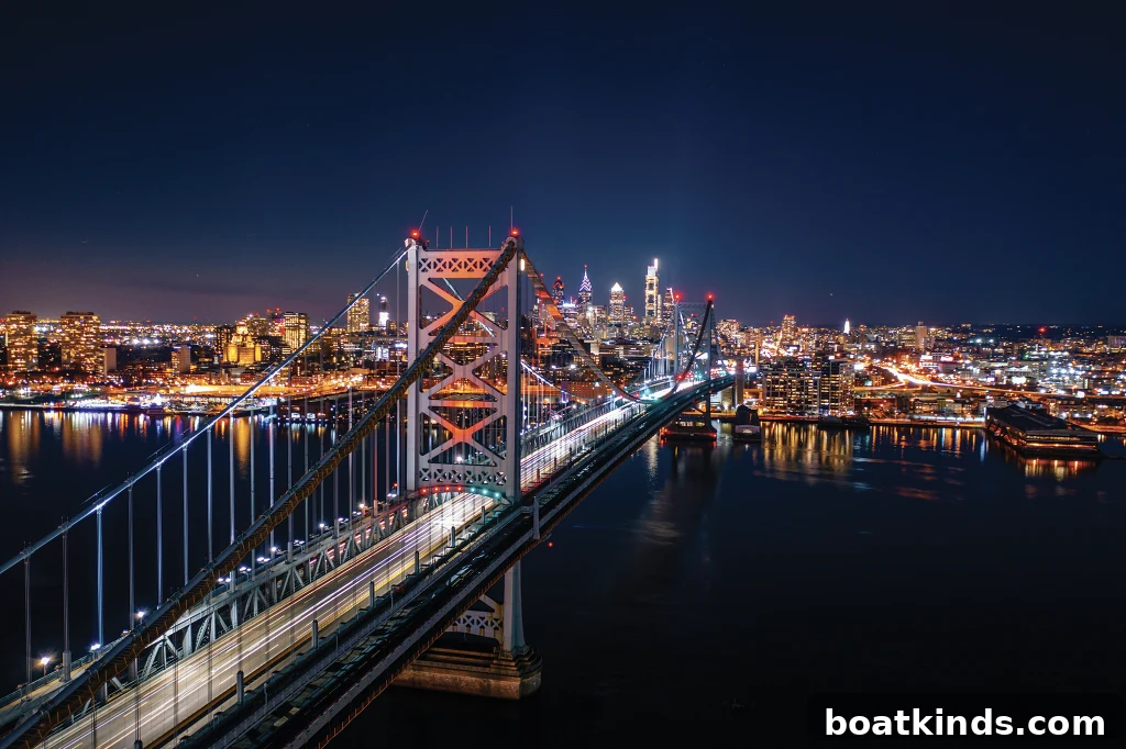 Philadelphia’s waterfront on the Delaware River. in light in the night