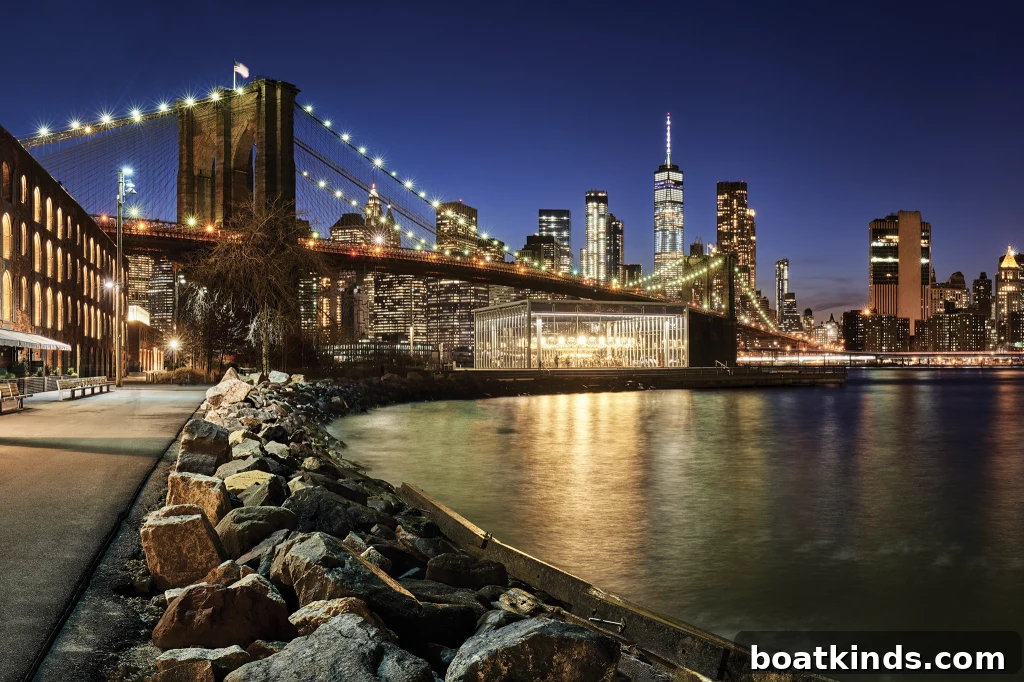 New York harbor bridge in the evening sky with lights