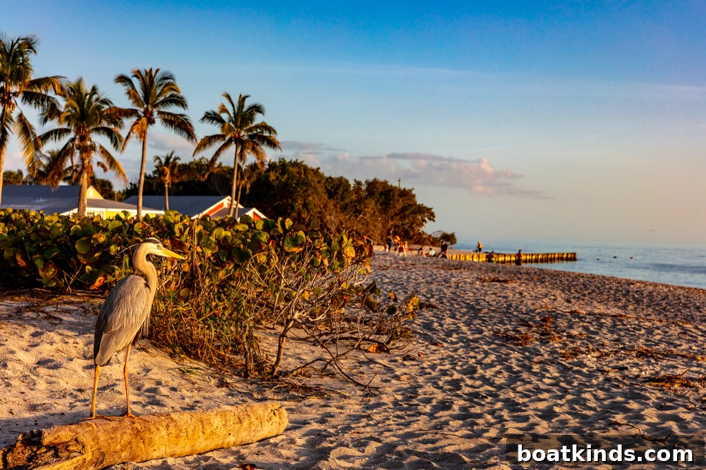 A beach scene at dawn or dusk on the coast with a bird standing in the foreground