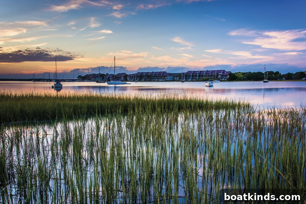 In the foreground are reeds in the water at dawn or dusk with boats moored. Apartments overlook the scene from across the bay.