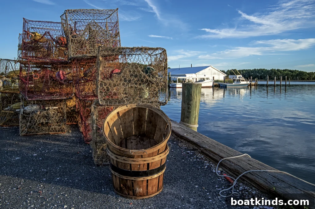 Crab pots and other fishing gear rest on a dock on the water