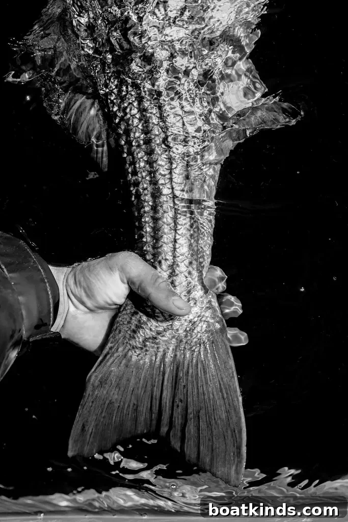 Close up black and white photo of a hand holding the tail of a fish over the watwer.