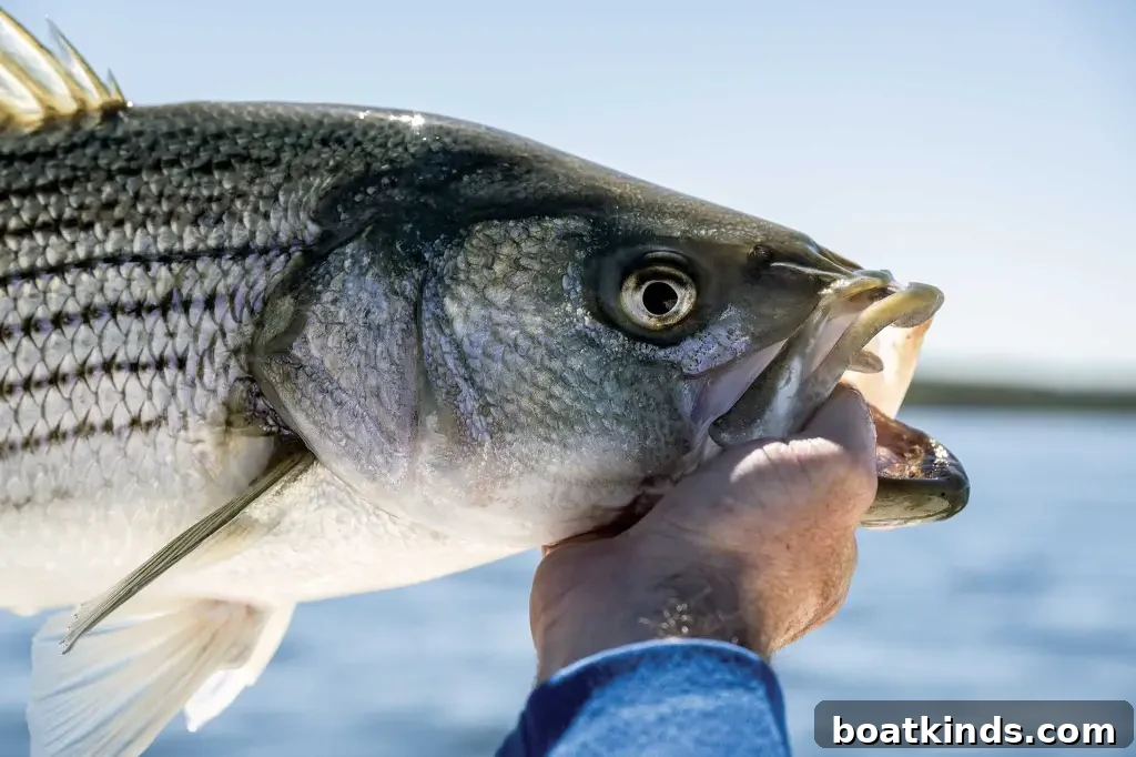 Close up of the head of a fish (striper) being held up in profile with a hand in its mouth