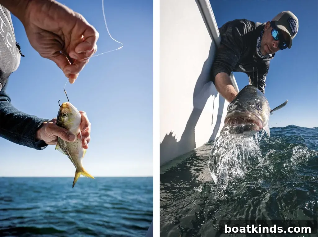 Two verticle photos side by side. The left one depicts a hand putting a small fish in a hook and the right phot depicting a man leaning over the side of a boat releasing a large fish.
