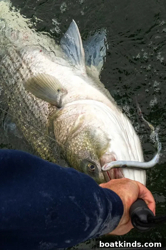 With the help of a human hand a large fish coming out of the water with an eel coming out of its mouth