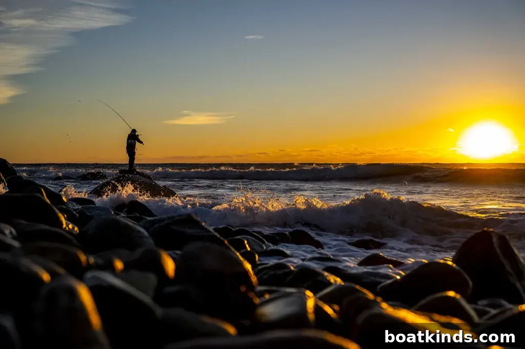 A fisherman on a rocky coast at sunrise casting a rod.