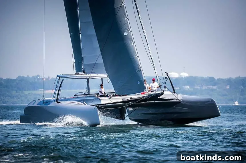One Crazy Cat Caught on Camera 2 Eagle Class 53 catamaran docked, showing open on-deck salon and hybrid wing