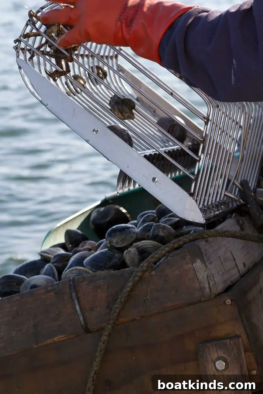 Quahogging gear and a haul on deck