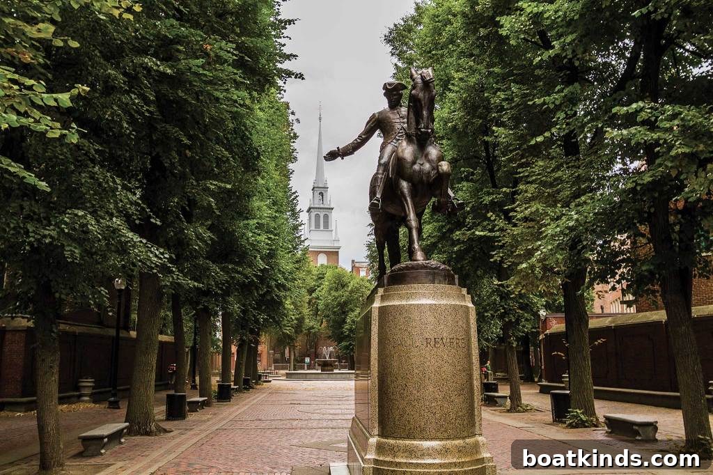 Statue of Paul Revere in Boston's northend with the old north church in the background