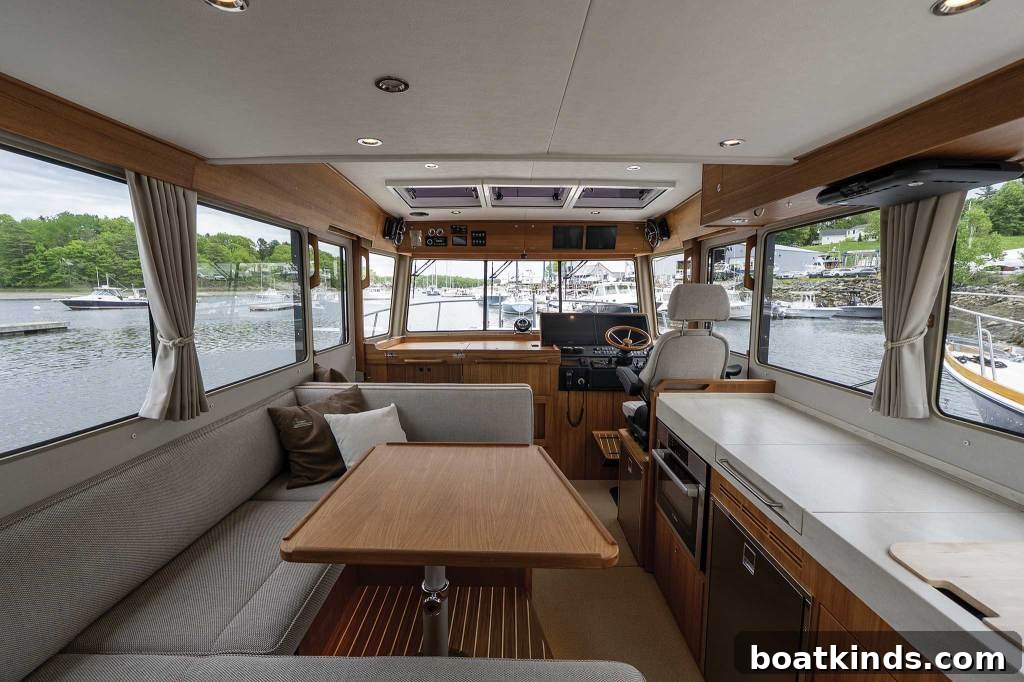 Natural light and views fill the salon in the pilothouse.