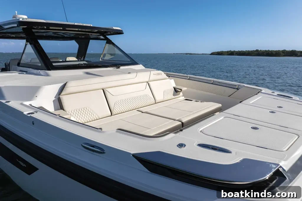 Boat bow lounges extend almost full beam. 
