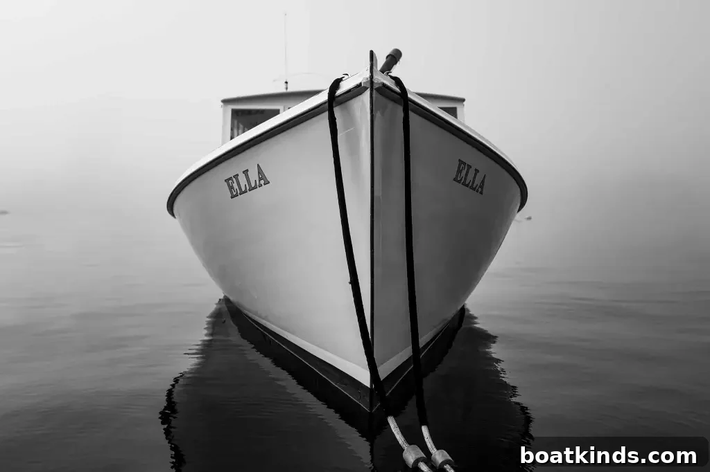 Black and white photograph of a small boat with its reflection on calm water