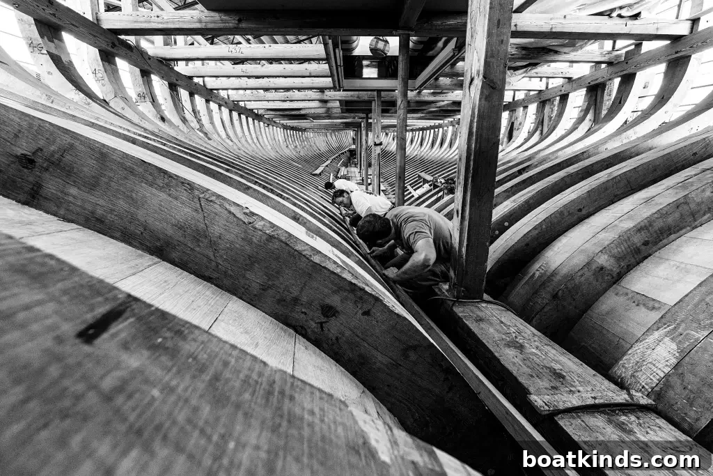 Black and white photograph of men building a boat