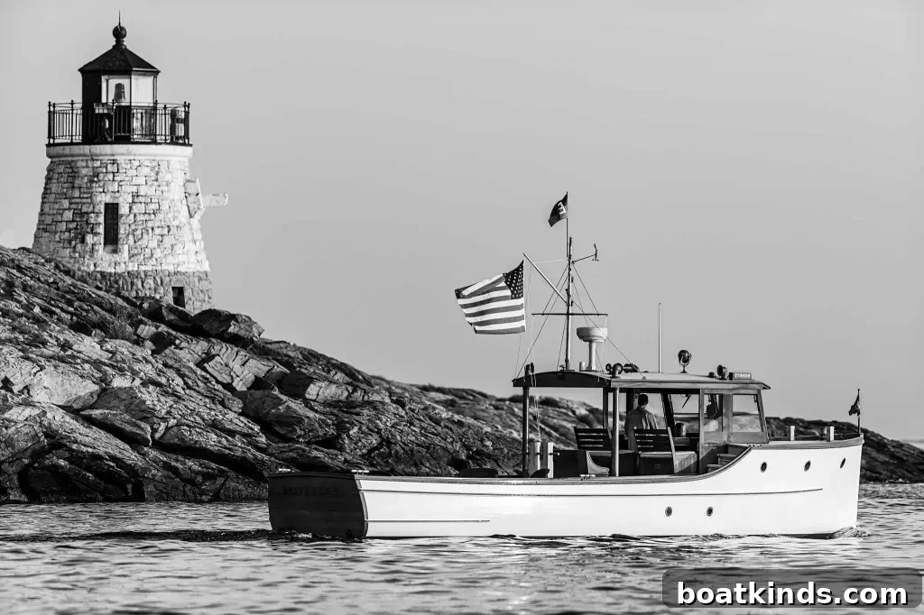 Black and white photograph of a boat in front of a lighthouse