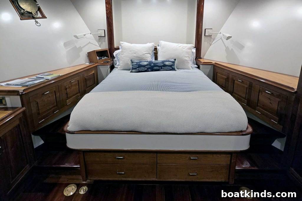  The forward stateroom has classic details, including varnished wood.