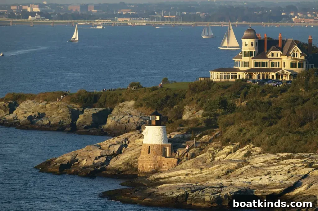 Beautiful coastline with a lighthouse in view and a mansion