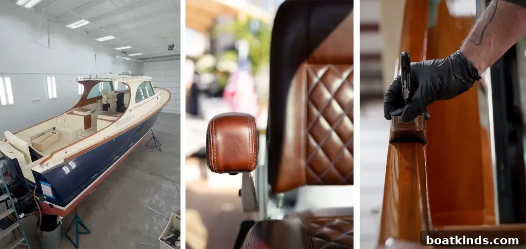 three images; one of a boat inside a warehouse, a close-up of the brown upholstery of a chair and a hand with a paint brush polyurethaning wood.