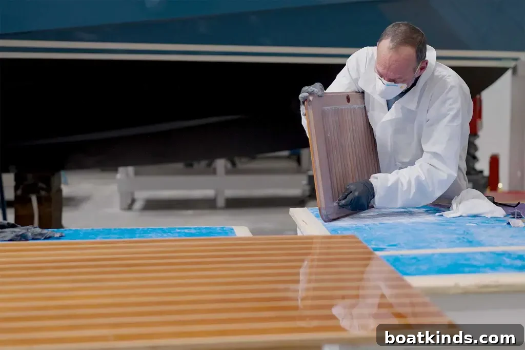 A man with a lab coat and mask studing a piece of wood in his hands and another slab of treated wood lying on the table in front of him